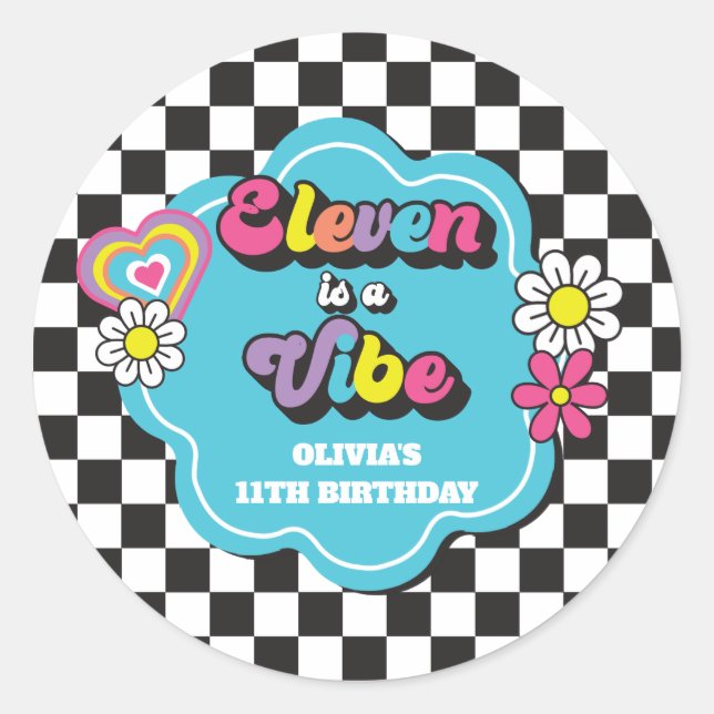Sticker Rond Neon 90s Retro Eleven est un Vibe 11e anniversaire (Devant)