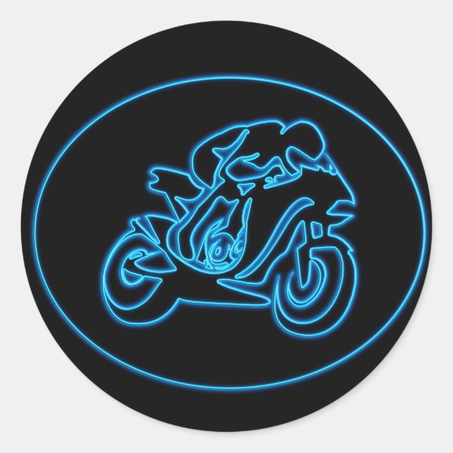 Sticker Rond Neon Blue Racing Motorcycle Silhouette (Devant)