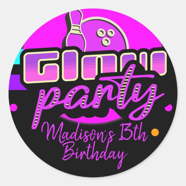 Sticker Rond Neon Bowling Party Bash fête d'anniversaire (Devant)