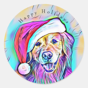 Sticker Rond Neon Bright Colonnes Noël Golden Retriever Art