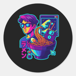 Sticker Rond Neon Cyber Ramen - Vaporwave Art esthétique rétro