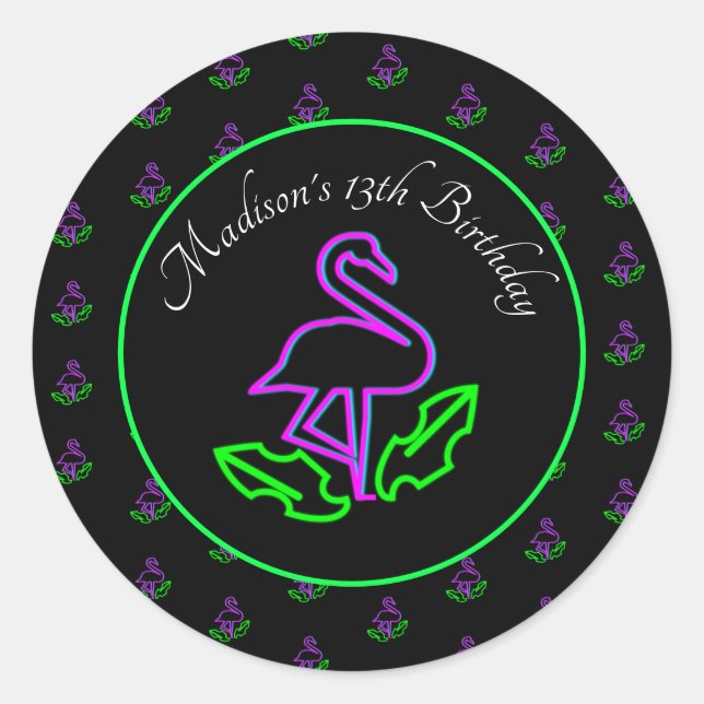 Sticker Rond Neon Flamant rose Glow Party Tropical Rose Faveur (Devant)