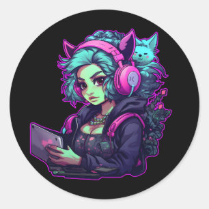 Sticker Rond Neon gamer fille