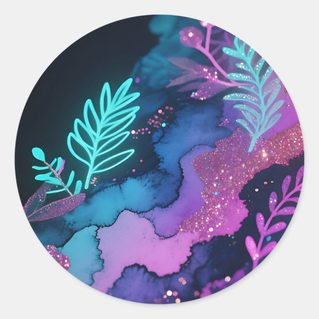 Sticker Rond Neon Glitter Botanical Abstract (Devant)
