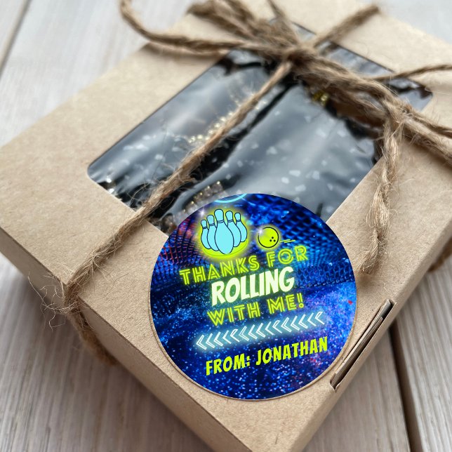 Sticker Rond Neon Glow Bowling Party Merci pour Rolling (Créateur téléchargé)