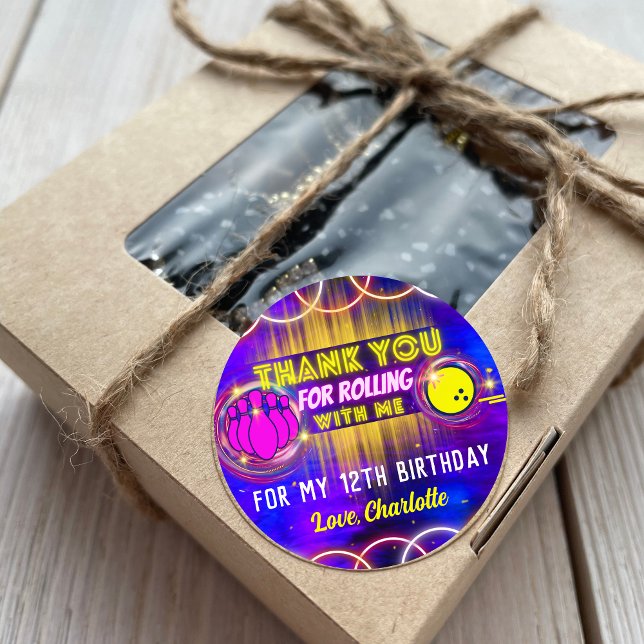Sticker Rond Neon Glow Purple Bowling Anniversaire Merci de fêt (Créateur téléchargé)