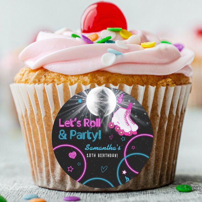 Sticker Rond Neon Glow Roller Skating Roll Anniversaire Fête (Neon Glow Roller Skating Let's Roll Birthday Party Classic Round Sticker)