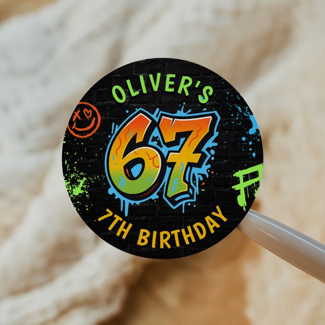 Sticker Rond Neon Graffiti Six Seven Kids 7th Birthday Party (Créateur téléchargé)