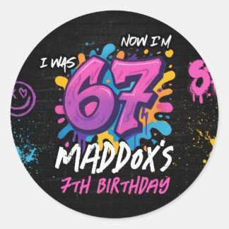 Sticker Rond Neon Graffiti Six Seven Kids 7th Birthday Party