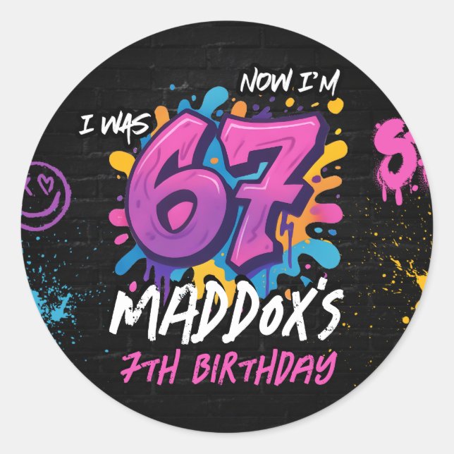 Sticker Rond Neon Graffiti Six Seven Kids 7th Birthday Party (Devant)