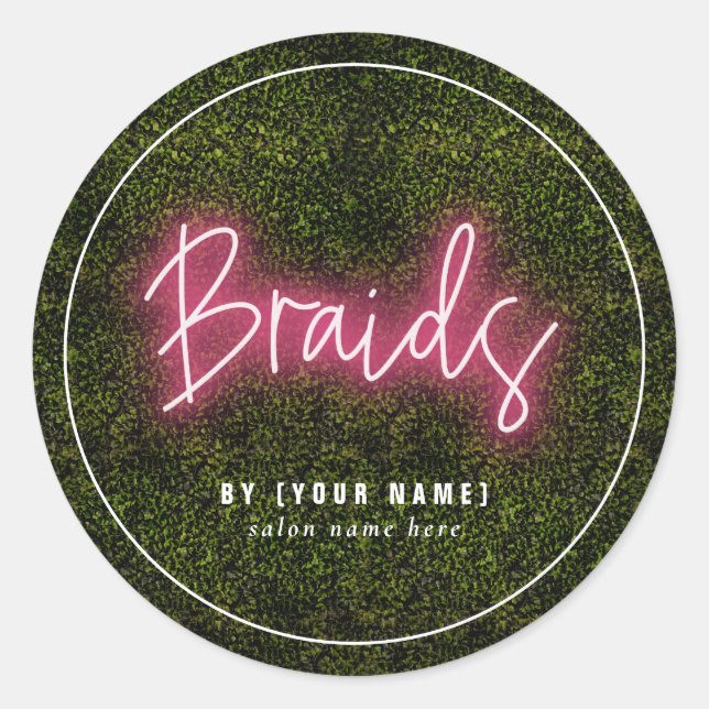Sticker Rond Neon Green Salon de coiffure Business Braids (Devant)