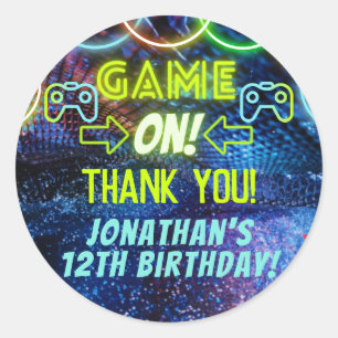 Sticker Rond Neon Jeu Sur Jeu Anniversaire Merci Fête Favoriser
