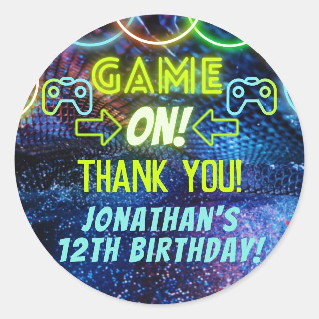 Sticker Rond Neon Jeu Sur Jeu Anniversaire Merci Fête Favoriser (Devant)