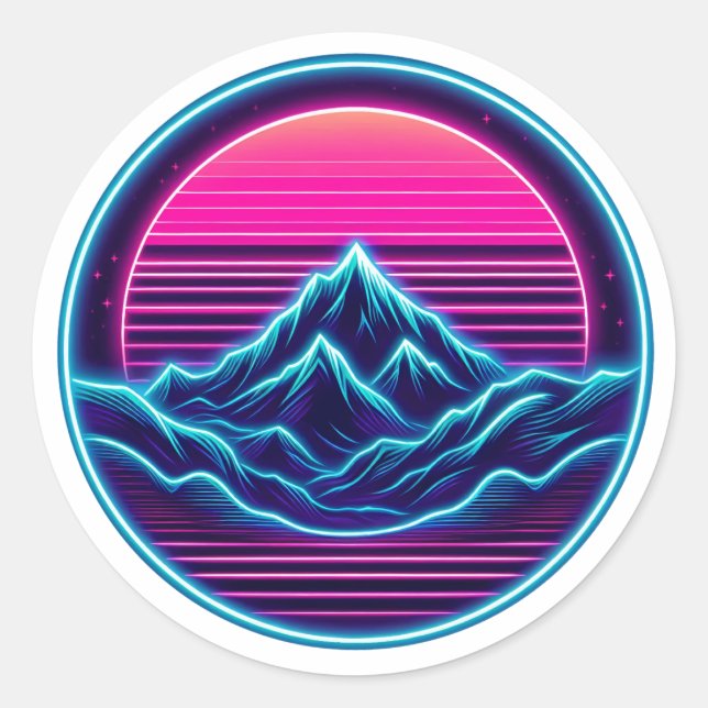 Sticker Rond Neon Mountain Circle Design - Retro Outdoor Aesthe (Devant)
