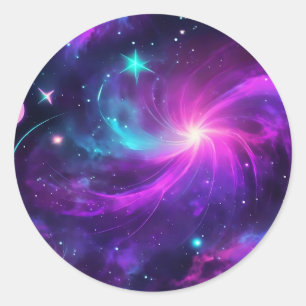 Sticker Rond Neon Nebula Galaxy Avec Étoiles