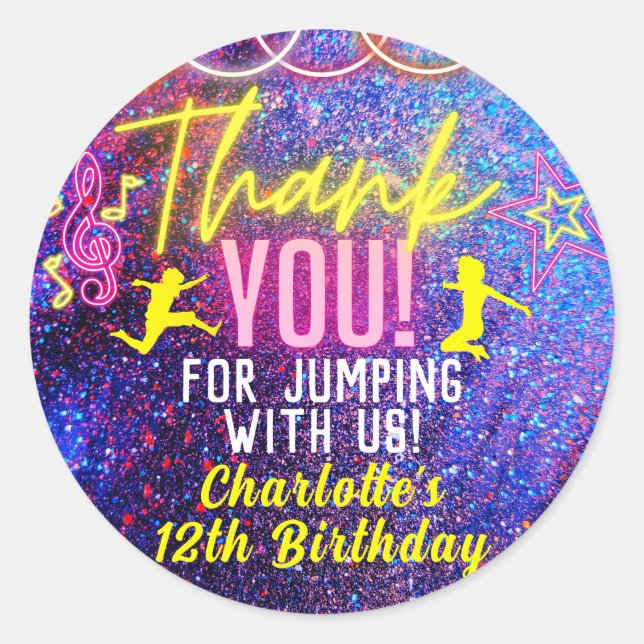 Sticker Rond Neon Pink Trampoline Dance Party Merci Favoriser (Devant)
