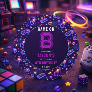 Sticker Rond Néon Rétro Arcade Jeux Anniversaire 8 Ans