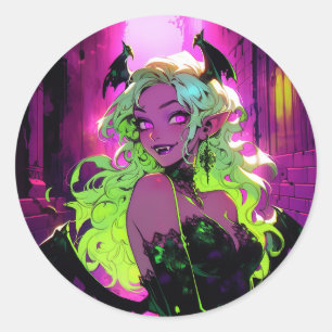 Sticker Rond Neon Succubus Demon Anime Girl