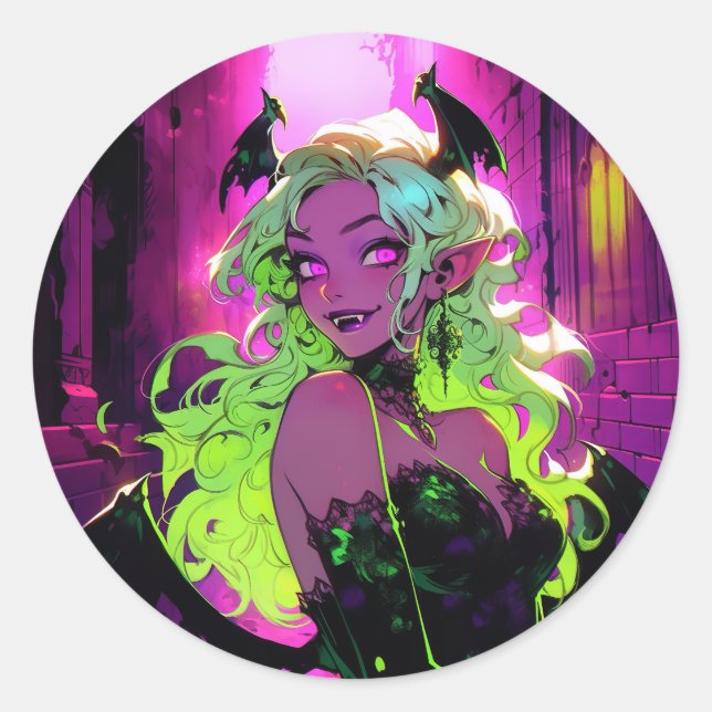Sticker Rond Neon Succubus Demon Anime Girl (Devant)