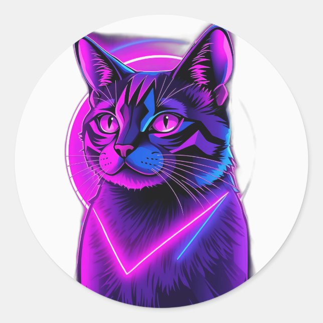 Sticker Rond Neon Synthwave Cat Art (Devant)