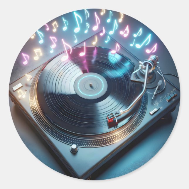 Sticker Rond Neon Turntable With Vinyl Record (Devant)