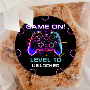 Sticker Rond Neon Video Game Level Up Anniversaire
