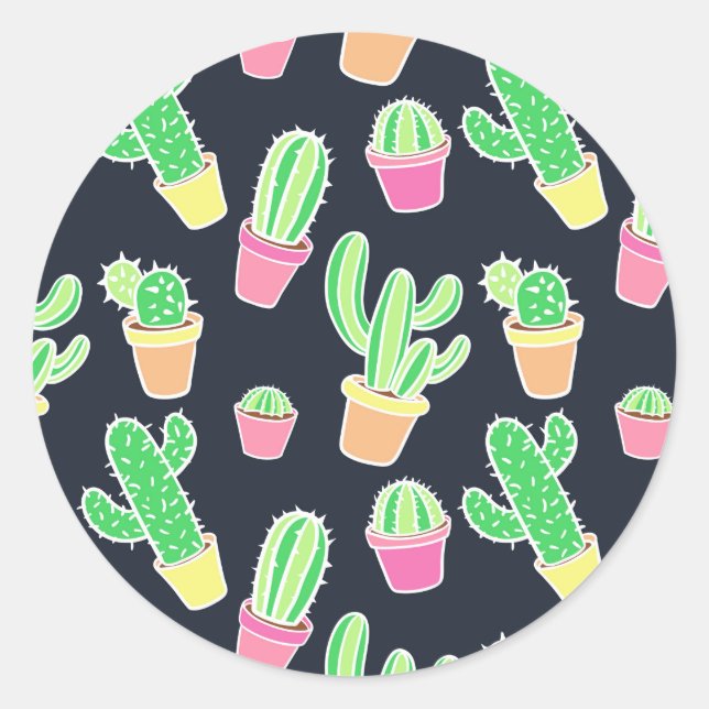 Sticker Rond Neon Watercolor Cacti in Pot Pattern (Devant)