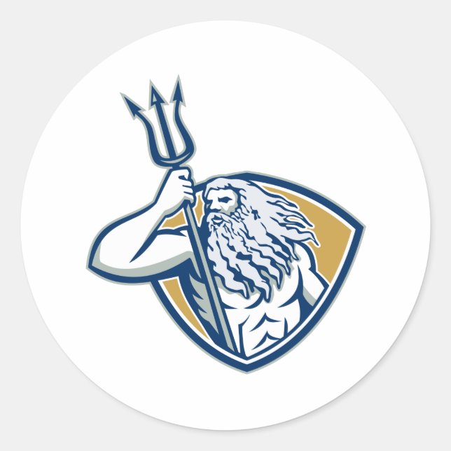 Sticker Rond Neptune Poseidon Trident Shield Retro (Devant)