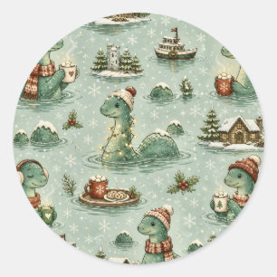 Sticker Rond Nessie de Noël Monstre du Loch Ness Confortable Cr