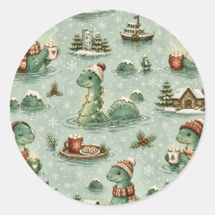 Sticker Rond Nessie de Noël Monstre du Loch Ness Confortable Cr