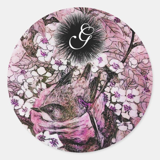 STICKER ROND NEST OISEAU, ARBRE AVEC FLEURS ROSES BLANCHES MONO (Devant)