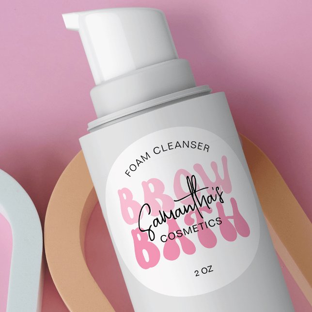 Sticker Rond Nettoyant en mousse à la mode rose rétro (Retro pink and white brow bath bottle sticker design with space for your brand name)