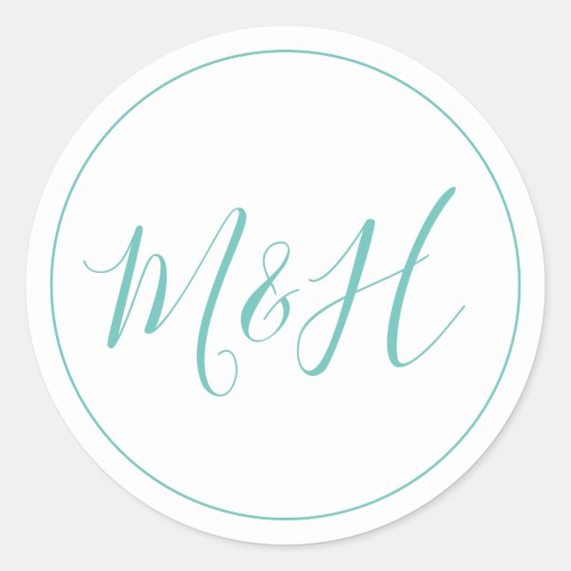 Sticker Rond Nettoyer Élégant Monogramme Mariage Turquoise (Devant)