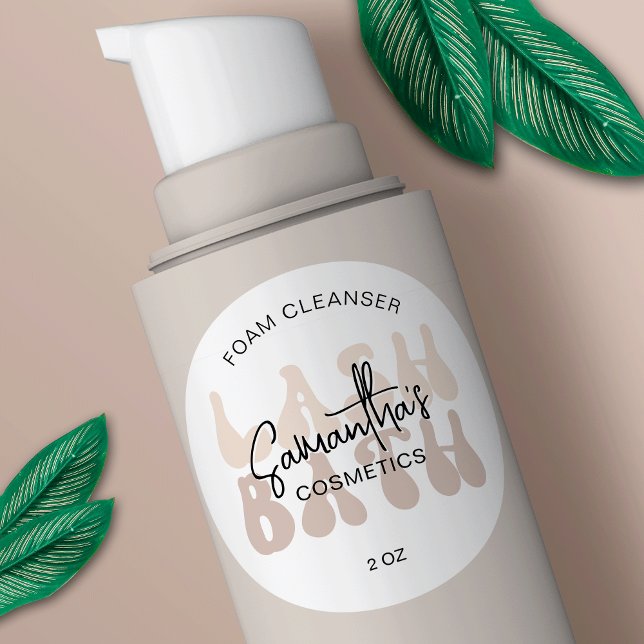 Sticker Rond Nettoyeur tendance Beige Retro Font Lash (Trendy beige and white lash bath labels with retro fonts and space for your brand name)