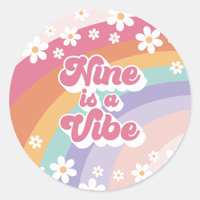 Sticker Rond Neuf est Vibe Retro Rainbow 9e anniversaire (Devant)