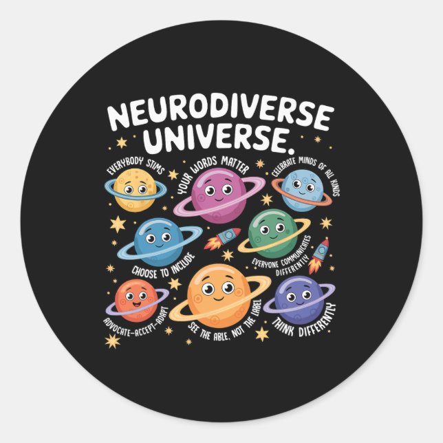 Sticker Rond Neurodiversité Univers Autisme Inclusion Planètes  (Devant)