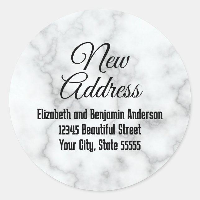 Sticker Rond New Address Faux White Marble Moving Announcement (Devant)