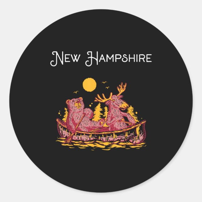 Sticker Rond New Hampshire Shirt Funny Canoe Moose Elk Bear Lak (Devant)