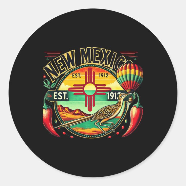 Sticker Rond New Mexico Zia Symbol, Roadrunner &amp; Chile Pepp (Devant)