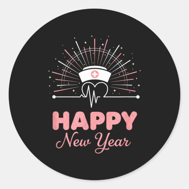 Sticker Rond New Year Nurse Heartbeat, Happy New Year Nye Desig (Devant)