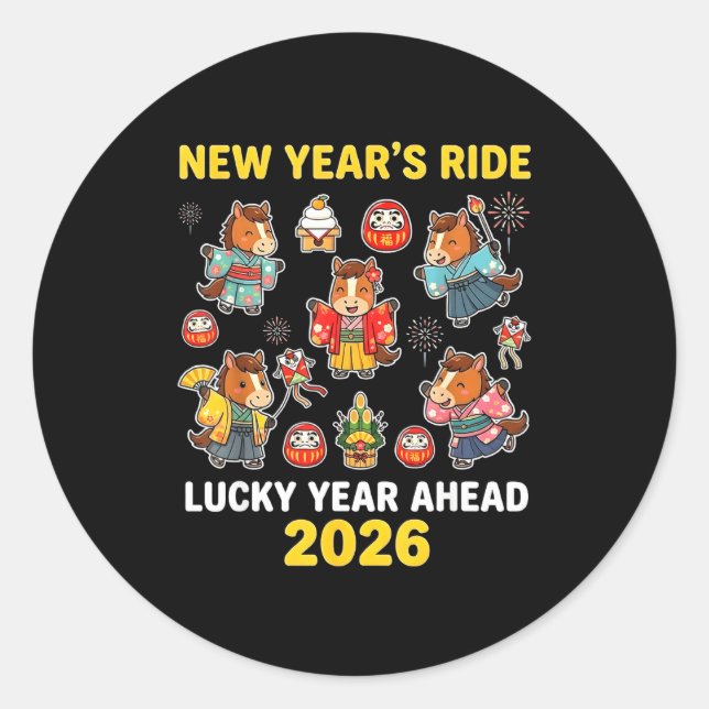 Sticker Rond New Year’s Ride 2026 Cute Zodiac Celebration Graph (Devant)