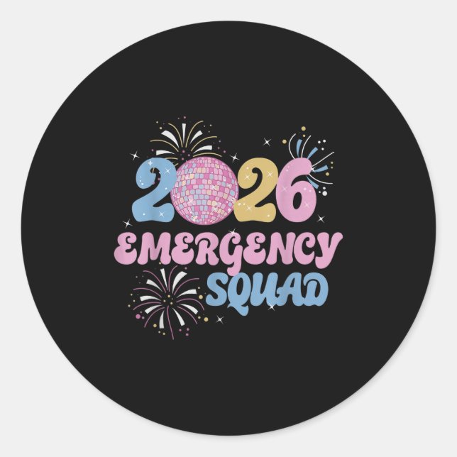 Sticker Rond New Years 2026 Eve Emergency Squad Disco Ball Fire (Devant)