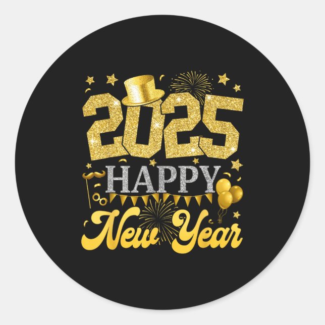 Sticker Rond New Years Eve Party Supplies 2025 Happy New Year F (Devant)