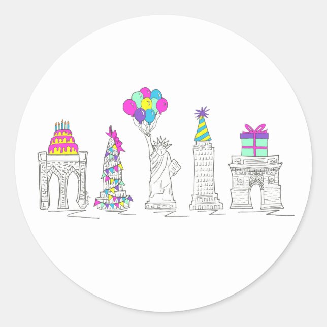 Sticker Rond New York City NYC Landmarks fête d'anniversaire (Devant)