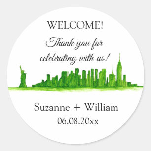 Sticker Rond NEW YORK CITY skyline green Faveurs Mariages