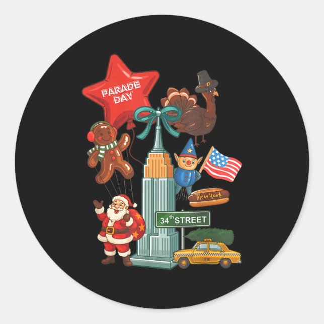 Sticker Rond New York Parade Day Thanksgiving Santa Taxi  (Devant)