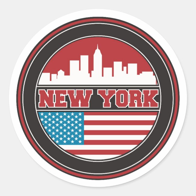 Sticker Rond New York Skyline | Drapeau des États-Unis (Devant)