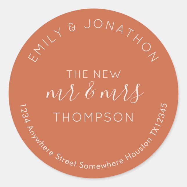 Sticker Rond Newlyweds Nom de retour Adresse Terracotta (Devant)