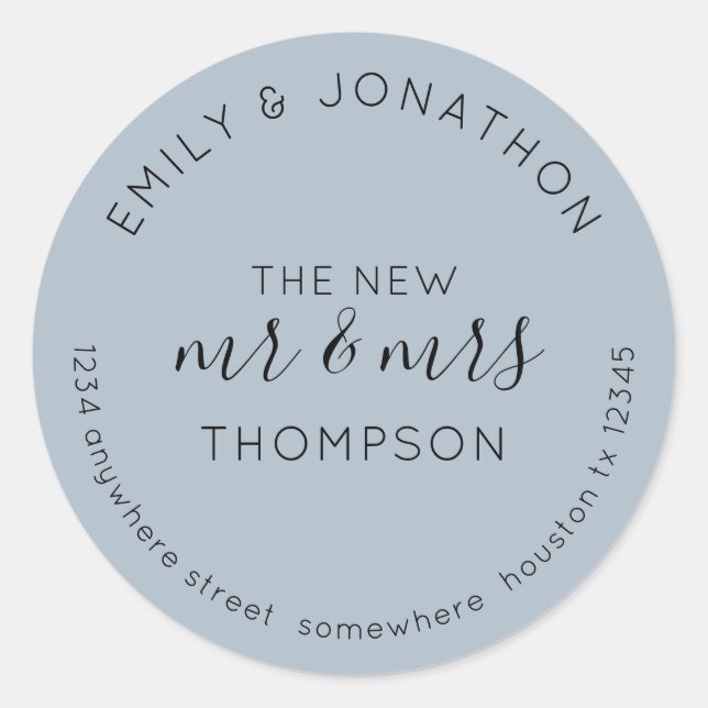 Sticker Rond Newlyweds Nom du retour Adresse Dusty Blue (Devant)