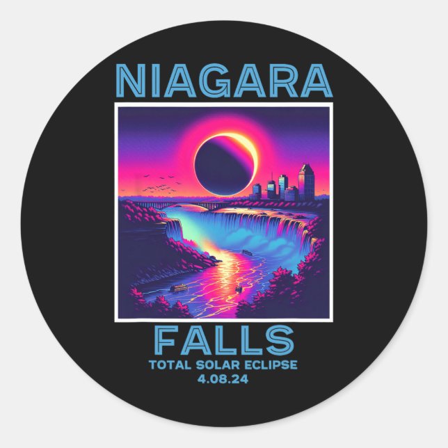 Sticker Rond Niagara Falls Total Solar Eclipse 2024 80s New Yor (Devant)
